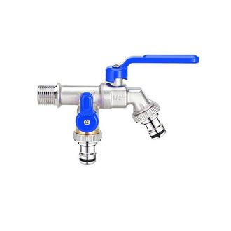 OEM Grifo De Jard&iacute;n De Lat&oacute;n De 1/2, Doble Salida Y Doble Cabezal, 1/2 X 3/4 X 3/4 [rosca Extendida De 4 Puntos, Azul]