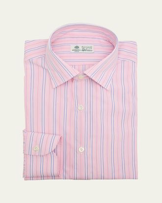 Borrelli Napoli Mens Cotton Fine-Stripe Point Collar Dress Shirt