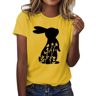 Generic Easter Womens Short Sleeve Crew Neck Rabbit Bunny Printed T Shirt Top Casual Slim Shirts Tee Blouse Women Two Pack Long Sleeve (Yellow, L)