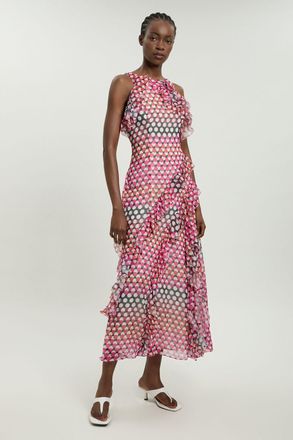 Karen Millen Womens Crinkle Georgette Ruffle Detail Halter Neck Woven Maxi Dress - Multicolour - Size 16 UK