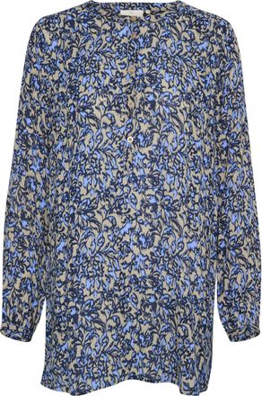 Kaffe Womens Tunic Round Neck Buttons Long Sleeves Printed Casual Fit Women, Elefantskin/Blue Graphicflower, 18