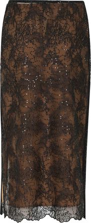 Semicouture Black Camilla Scalloped Lace Hem Sequin Midi Skirt