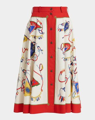 Etro Nautical-Print Cotton Poplin Button-Front Midi Skirt
