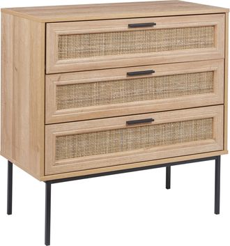 Beliani C&oacute;moda De Rat&aacute;n Con 3 Cajones Frente De Mimbre Tablero De Part&iacute;culas Patas Estructura De Metal Aparador De Estilo Boho Sala De Estar Madera Clara Pasc