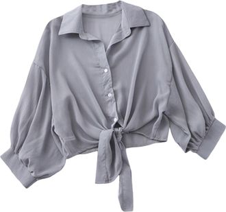 Generic Women Y2K Summer Shirts Tie Front Blouse Turn-Down Button Short Sleeve Casual Tops Fashion Striped Print Shirt Collar Ladeis Tunic T Shirts Women Beac