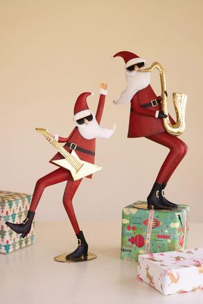 Kalalou Set Of Two Painted Metal Santa Musicians