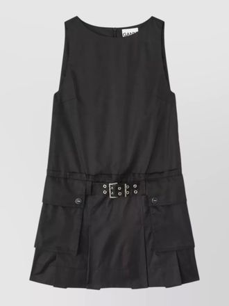 Ganni nylon mini dress belted waist pleated