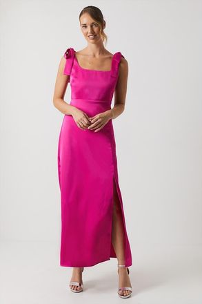 Oasis Satin Midi Tie Shoulder Bridesmaid Dress in Bright Pink at Nordstrom, Size 12