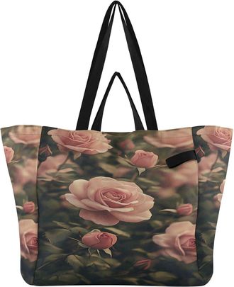 Generic Pink Rose print Reusable Canvas Tote Bag, Heavy Duty Grocery Shopping Bag with Hard Bottom Large Capacity Double Handles Work Groceries Travel