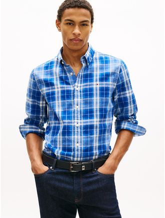 Tommy Hilfiger Mens Regular Fit Plaid Linen-Blend Shirt - Blue - XXL