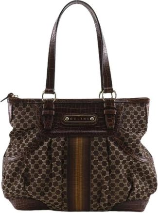 Celine Pre-owned Macadam Embossed Leather Nylon Canvas Tote Bag - Dames - Vintage Handtas - Bruin - ONE Size - Nylon - Vintage