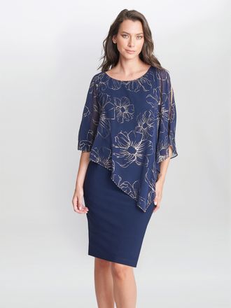 Gina Bacconi Womens Fiona Floral Glittered Asymmetric Dress - Navy - Size 18 UK