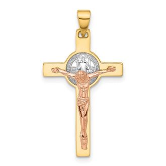 Diamond2Deal 14k Two-tone Gold with White Rhodium Crucifix and St Benedict Pendant