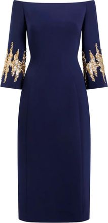 Jenny Packham Aster sequin-embellished off-shoulder midi dress - women - Polyester/Polyurethane - 10 - Blue
