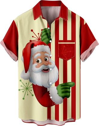 Generic Mens Aloha Shirts 50s Rockabilly Style Short Sleeve Shirt Regular Fit Hawaiian Shirts Funny Santa Shirt Xmas Party Santa Print Aloha Shirts Tops(Xb-Re