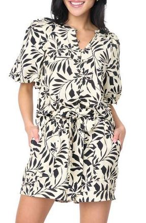 Gibsonlook Playa Floral Puff Sleeve Button-Up Shirt in Parchment/black Graphic Palm at Nordstrom Rack, Size Xx-Small