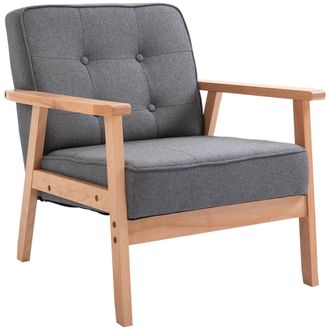 HOMCOM Homcom Retro Accent Single Chair Beech Wood Frame Armchair Cushion Linen Fabric | TJ Hughes