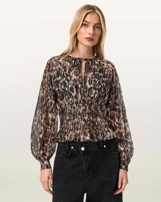 AllSaints Cern Animal Print Shirred Top