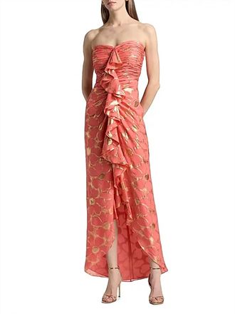 Ramy Brook Daisy Goldie Floral Strapless Gown In Coral Jacquard