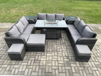 Fimous Outdoor Rattan Furniture Garden Dining Set Gas Fire Pit Table With 2 Side Tables Lounge Sofa 3 Footstool in Dark Grey