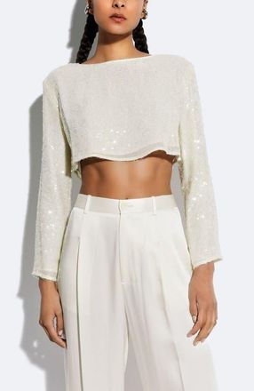 Sally Lapointe Sequin Cropped Boatneck Top in Cream at Nordstrom, Size X-Large