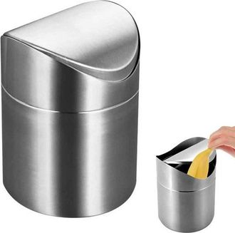 OEM Papelera De Mesa De Acero Inoxidable Con Tapa, 2 Litros, Papelera Peque&ntilde;a Port&aacute;til, Ahorra Espacio, Tocador, Mesita De Noche, Etc, Plateada