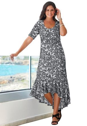 Jessica London Stretch Knit Flounce Hem Maxi Dress in Black White Lace at Nordstrom, Size 14