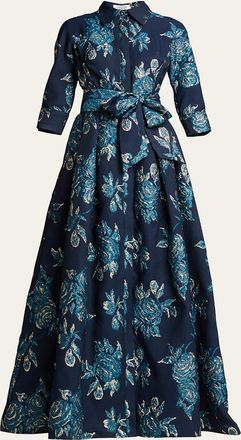 Teri Jon Belted Jacquard Shirtdress Gown