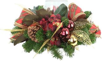 Creative Displays Inc. Handcrafted Holiday Candleholder Decorated With Hydrangeas, Ornaments & Bows