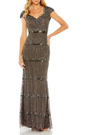 Mac Duggal Cap Sleeve Embellished Column Gown in Charcoal at Nordstrom, Size 14