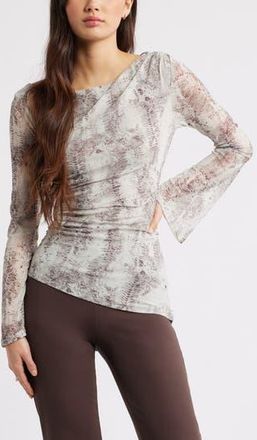 Open Edit Mesh Bell Sleeve Top in Grey- Brown Spotted Abstract at Nordstrom Rack, Size Xx-Small