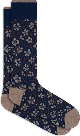 Bugatchi Floral Mercerized Cotton Blend Dress Socks in Navy/Mocha at Nordstrom