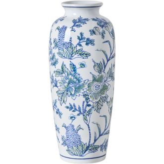 Beliani Flower Vase White and Blue Porcelain Decorative Table Accessory Antique Vintage GUADIX
