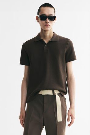 H&M Slim-fit Waffle-knit Polo Shirt in Dark Khaki Green at Nordstrom, Size X-Small