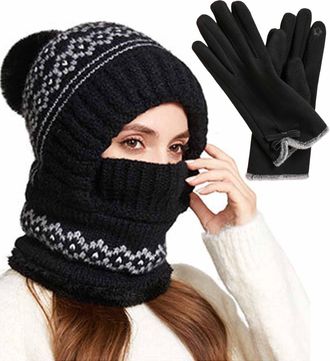 Generic 3 In 1 Beanie Hat with Scarf and Mask - Beanie Hats and Scarfs Gloves Set for Women Winter Outdoors Windproof Scarf Hat(Black)