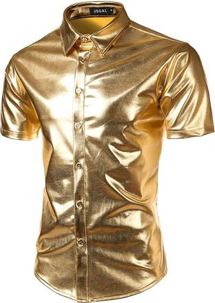 JOGAL Mens Metallic Shiny Nightclub Styles Short Sleeves Button Down Dress Shirts X-Large A316 Gold