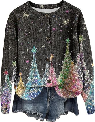 Generic Ladies Festive Knit Christmas Jumper Cardigan Ugly Funny Xmas Jumper with Snowman Print, Lightweight Long Sleeve Chunky Cable Knit Open Front Button D