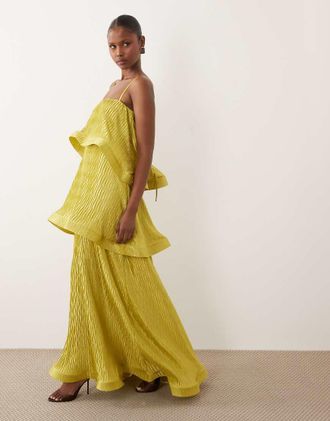 Asos Vestito lungo a trapezio a balze pliss&eacute; a zig-zag color lime-Verde