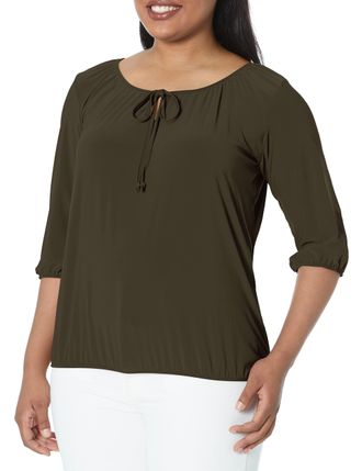 Star Vixen Womens 3/4 Sleeve Peasant Top Blouse, Olive, X-Large