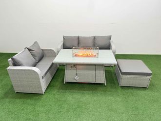 Fimous 6 Seater PE Rattan Wicker Garden Furniture Patio Conservatory Sofa Set with Firepit Dining Table 3 Seater Sofa Love Sofa Big Footstool