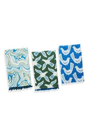 Tiramisu Set of Three Artisan Bird & Marble Kitchen Towels in Forest Green/Royal Blue at Nordstrom Rack