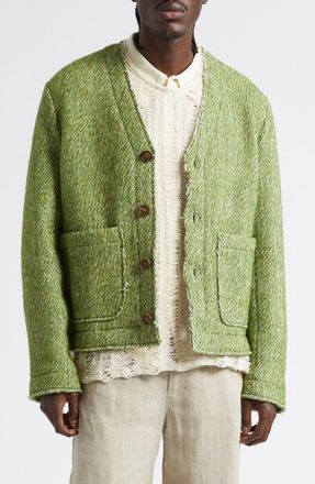 S&eacute;fr Pavel Fray Edge Cotton & Virgin Wool Cardigan in Eruca Green Twill at Nordstrom, Size Large