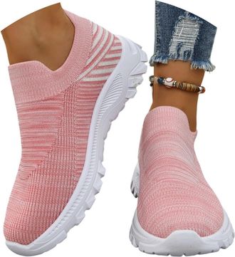 Generic Breathable Knit Unisex Slip On Sneakers Lightweight Comfort Flat Sole Walking Shoes for Casual Wear (4.5) Pink