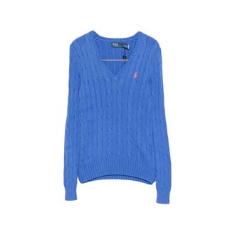 Ralph Lauren V-neck Knitwear, female, Blue, Size: XS Cable Knit V-Neck Sweater