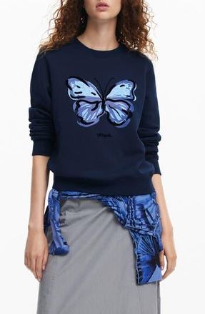 Desigual Butterfly Crewneck Cotton Sweatshirt in Blue at Nordstrom Rack, Size Small