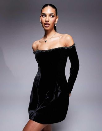 Bardot Nadene - Vestito corto a maniche lunghe nero con scollo Bardot rifinito