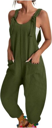 Generic Womens Summer Stretch Overalls Oversize Casual Plain Wide Leg Jumpsuit Sleeveless Bib Shorts with Large Pockets Casual Loose Bib Pants Overall Baggy S