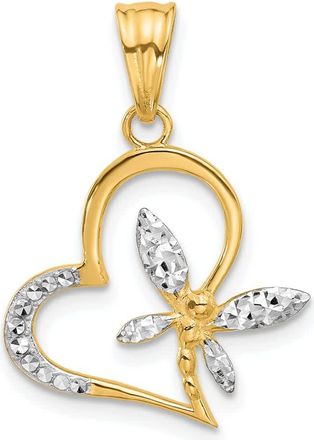 Diamond2Deal 14k Yellow Gold White Rhodium Diamond-Cut Dragonfly on Heart Pendant