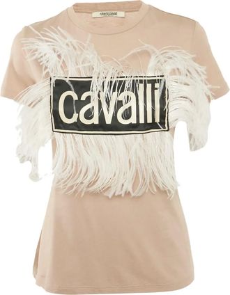 Roberto Cavalli T-shirt met veren afwerking en logo - Beige