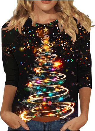 Generic My Recent Orders Womens Christmas Tunic Tops Funny Sparkly Glitter Xmas Tree Print Blouse UK Trendy 3/4 Sleeve Crewneck Shirts 2024 Fall Lightweight G